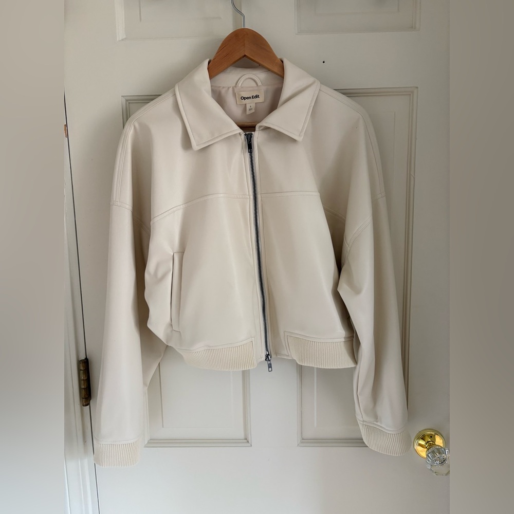 Open Edit Cream Faux Leather Cropped Jacket